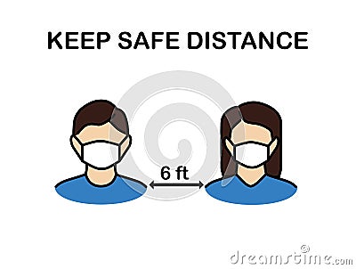 Man and woman wearing face mask in the meeting with virus pathogens.New normal vector.Social distancing icon.Keep Safe Distance 6 Vector Illustration
