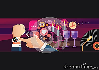 Man and woman wearing smart watch for dating Vector Illustration