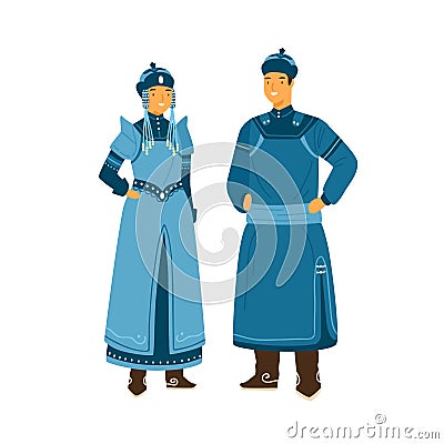 Man and woman wearing traditional mongolian costume. Female character in decorated headdress and national dress. Male Vector Illustration
