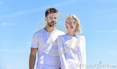 Man and woman white clothes sunny day outdoors. True love. Communication problems. Summer romance. Family love. Devotion Stock Photo