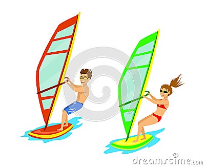 Man and woman windsurfing Vector Illustration