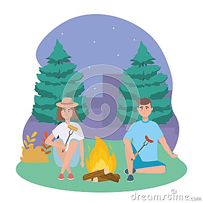 Man and woman with wood fire and sausage with cob Vector Illustration