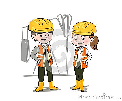 A man and a woman are work on oil rigs, and in the petroleum industry.illustration,hand drawing. Cartoon Illustration