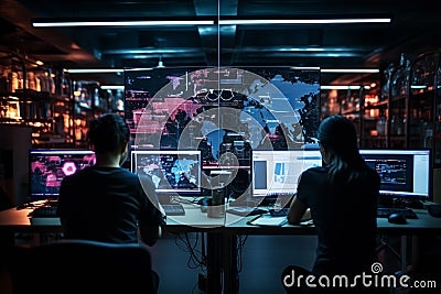 Workers team operating digital interface technology. Generative AI Stock Photo