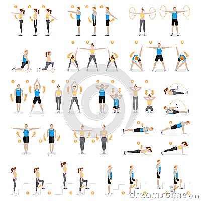 Man and woman workout fitness, aerobic, exercises. Vector Illustration