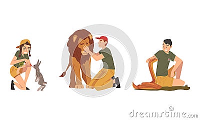 Man and Woman Zookeeper Feeding Hare and Stroking Lion Engaged in Daily Care of Animal Vector Set Vector Illustration