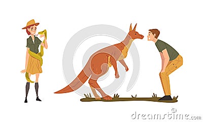 Man and Woman Zookeeper with Kangaroo and Snake Engaged in Daily Care of Animal Vector Set Vector Illustration