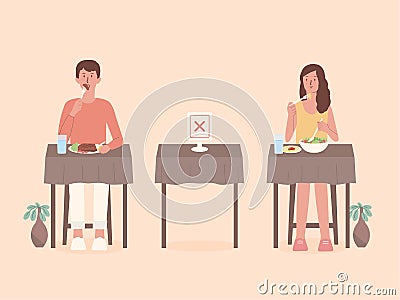 Man and Women doing social distancing while eating food alone at tables in the restaurant. The new normal. Vector Illustration