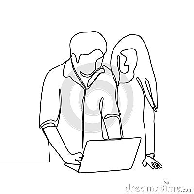 A man and women talking and discussing their project with a laptop continuous line drawing illustration minimalist design Cartoon Illustration