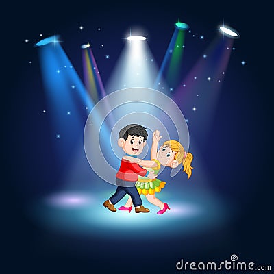 Man and women tango dancing at the stage Vector Illustration