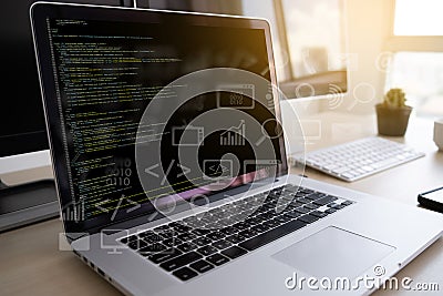 man work Coding software developer programmer is coding on a desktop computer Stock Photo
