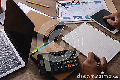 Man work Finance Accounting Calculating Mathematic Economic Digital Device Stock Photo