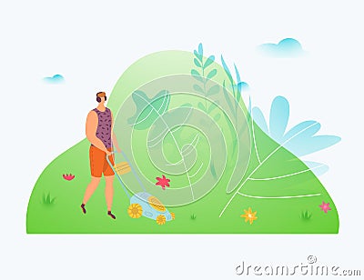 Man work garden, worker uses sward mower, tools for lawn, gardener nature outdoors, design, cartoon style vector Vector Illustration