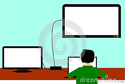 Man at Work with notebook, connected to two Screen Vector Illustration