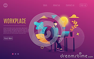 A man at work. Working at a laptop. Flat Colorful style.Workplace. Web page template. Violet Background.Vector illustration Cartoon Illustration