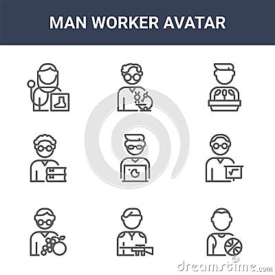 9 man worker avatar icons pack. trendy man worker avatar icons on white background. thin outline line icons such as basketball Vector Illustration