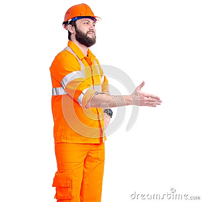 Man worker road constructor smiling handshake Stock Photo