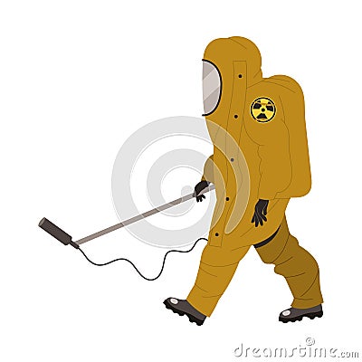 Man Worker in Yellow Protective Suit Measuring Level of Radioactive Waste Vector Illustration Stock Photo