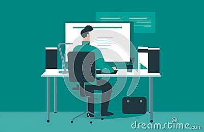 Man working on computer color schemed illustration,codding,man working online and smiling,giving thumbs up,computer art Cartoon Illustration