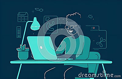 Man working on computer color schemed illustration,codding,man working online and smiling,giving thumbs up,computer art Cartoon Illustration