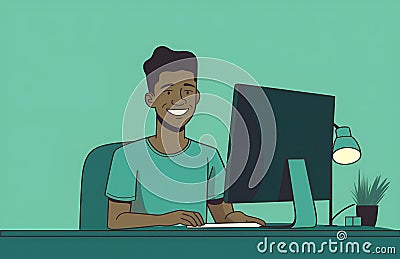 Man working on computer color schemed illustration,codding,man working online and smiling,giving thumbs up,computer art Cartoon Illustration