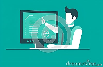 Man working on computer color schemed illustration,codding,man working online and smiling,giving thumbs up,computer art Cartoon Illustration