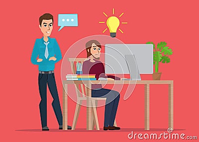 A man working at the computer comes up with a solution Vector Illustration