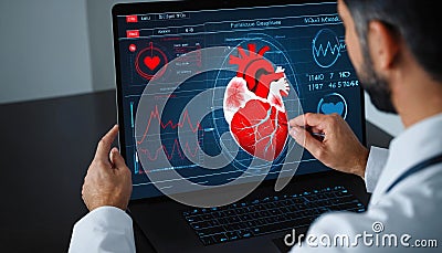 Man working on computer with heart on screen, closeup. Cardiology concept Stock Photo