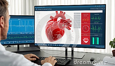 Man working on computer with heart on screen, closeup. Cardiology concept Stock Photo