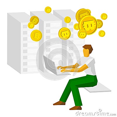 Man working on a computer and mining bitcoins Vector Illustration