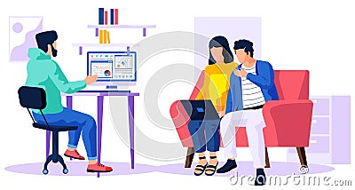 Man is working with data and business statistics. Couple with laptop is watching the video Stock Photo