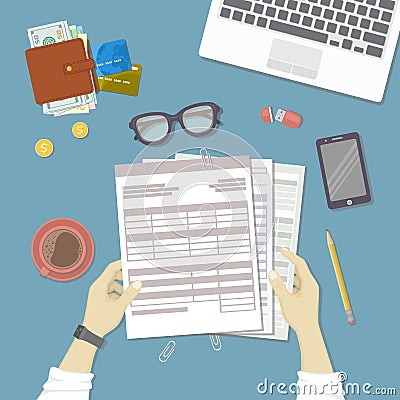 Man working with documents. Human hands hold the accounts, bills, tax form. Workplace with papers, blanks, forms, phone, wallet Vector Illustration