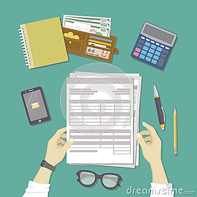 Man working with documents. Human hands hold the accounts, payroll, tax form. Workplace with papers, blanks, forms, phone. Vector Illustration