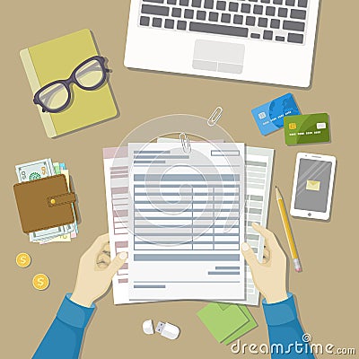 Man working with documents. Human hands hold the accounts, payroll, tax form. Workplace with papers, blanks, forms, phone Vector Illustration