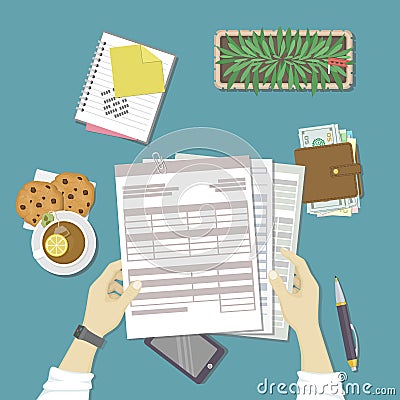 Man working with documents. Human hands hold the accounts, payroll, tax form. Workplace with papers, blanks, forms, phone, wallet Vector Illustration