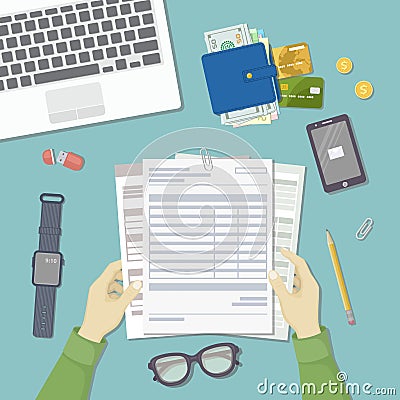 Man working with documents. Men`s hands hold the accounts, payroll, tax form. Workplace Top view Vector Illustration