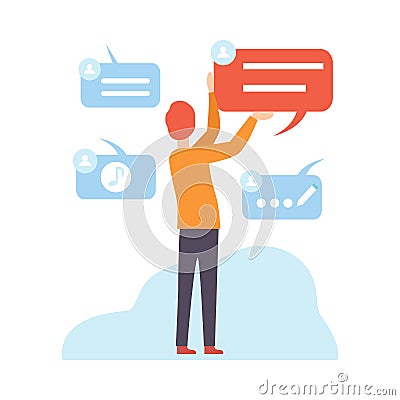 Man Working with Files, Cloud Data Storage, Modern Digital Technologies, People Communicating Via Internet, Social Vector Illustration