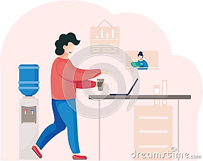 Man working with his colleagues on internet. Video conference and online meeting workspace concept Vector Illustration