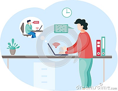 Man working with his colleagues on internet. Video conference and online meeting workspace concept Vector Illustration