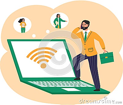 Man working with his colleagues on internet. Video conference and online meeting workspace concept Vector Illustration