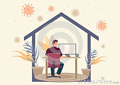 Man working at home during coronavirus pandemic Vector Illustration