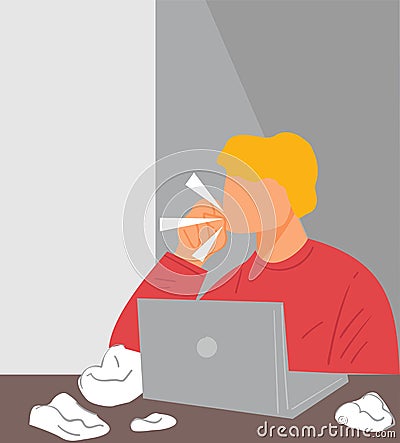 Man working from home or office coughing and sneezing Vector Illustration