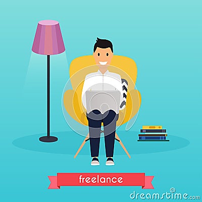 Man working at home. Young man sitting on a chair Vector Illustration