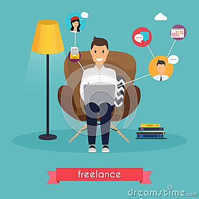 Man working at home. Young man sitting on a chair and using laptop. Freelance, self employed, freedom, in living room. Vector Illustration