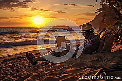 Man working with laptop on the beach at sunset. Lifestyle concept, man lying on the sand of the beach with a laptop working at Stock Photo