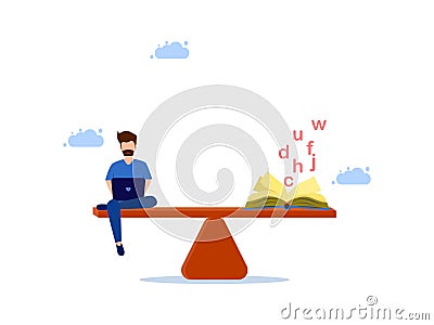 man working on laptop and books on scales. Balancing work and learning Vector Illustration