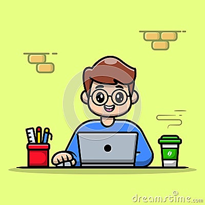 man working laptop with coffee stationary cartoon vector illustration Vector Illustration