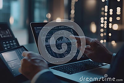 A man is working on a laptop computer that displays a graph on the screen Stock Photo