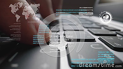 Man working on laptop computer keyboard with graphic user interface GUI hologram Stock Photo