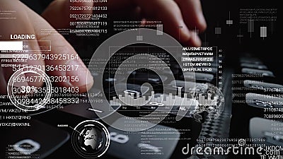 Man working on laptop computer keyboard with graphic user interface GUI hologram Stock Photo